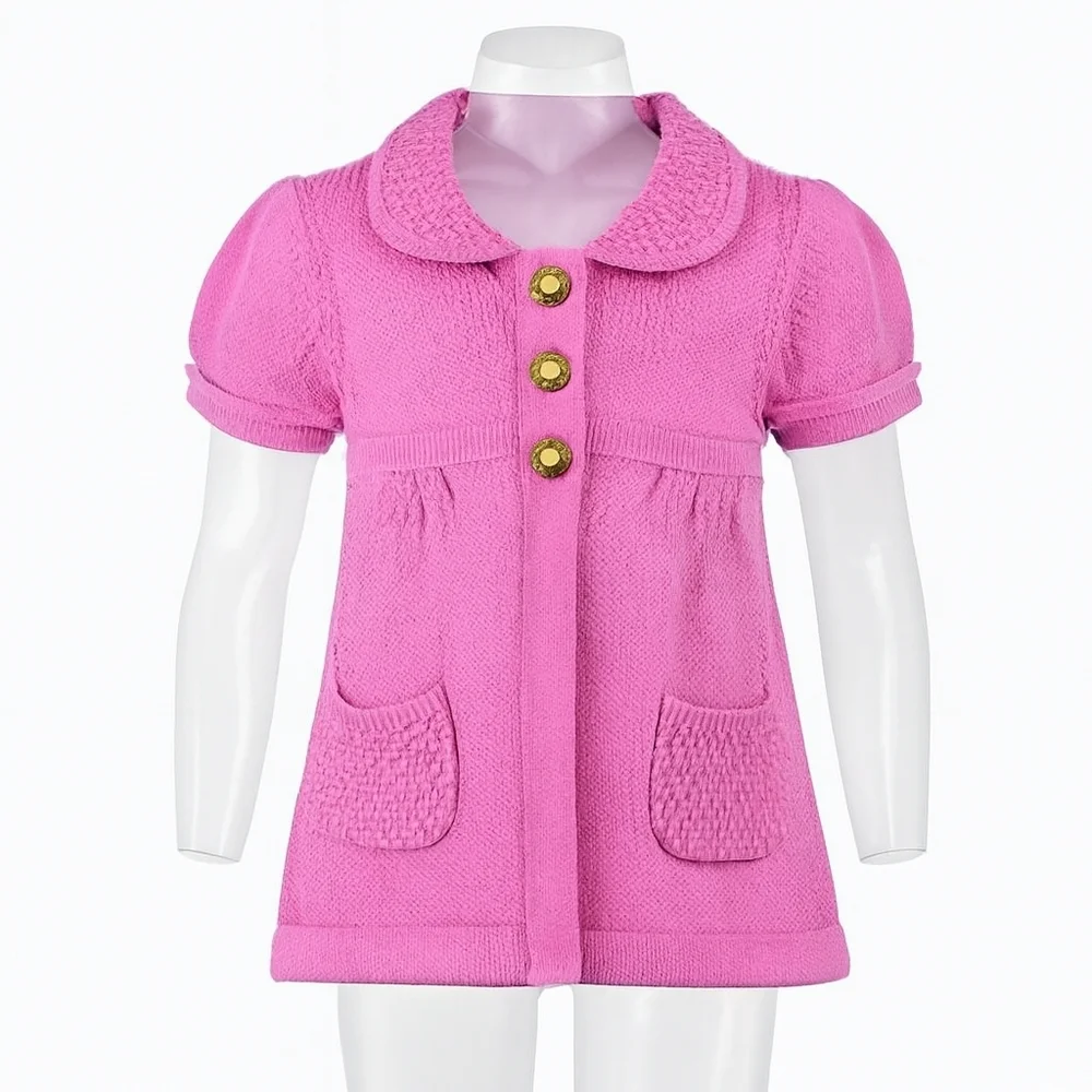Girl’s Pink Sweater Short Sleeves, 2 pockets 3 Designed Buttons, Kids Size S(4)